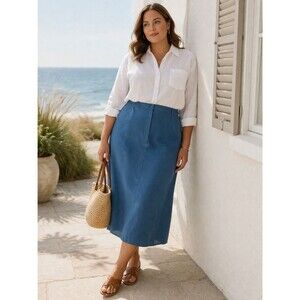Talbots Irish Linen Midi Skirt Blue Plus 24W Straight Coastal Classic Vintage